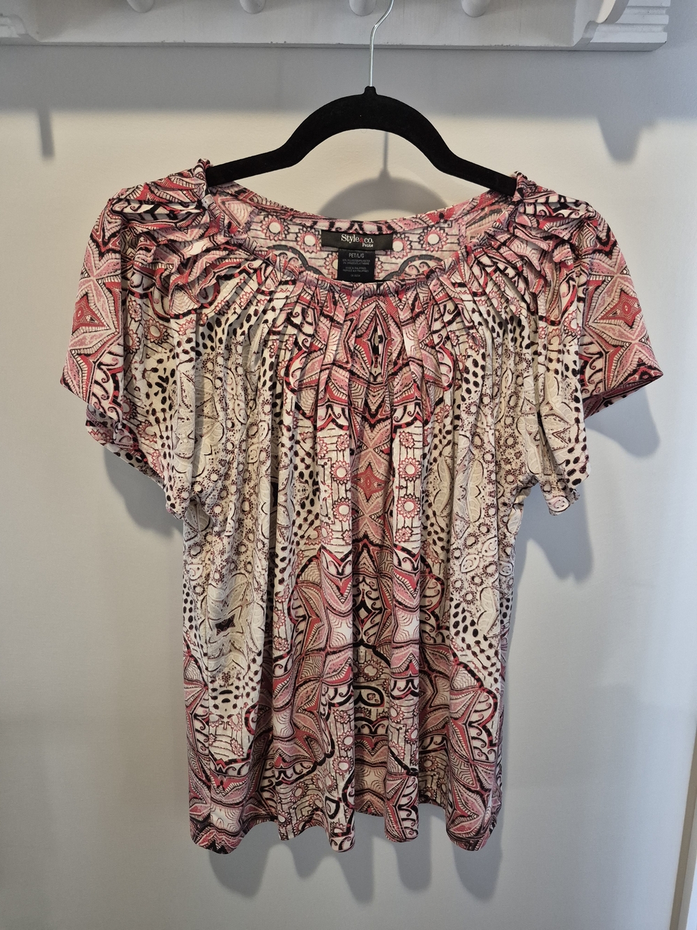 Style & Co. Pink and Cream Printed Short-Sleeve Peasant Top